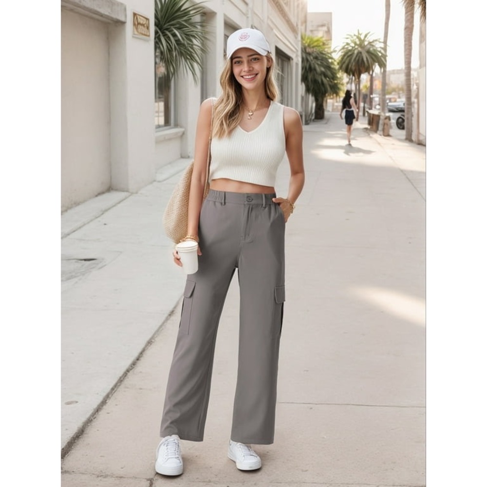 GIRUNS Womens Cargo Pants High Waist Trousers Blue Gray M With Pockets Wide Leg
